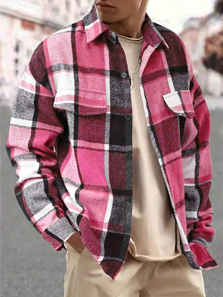 Men's Oversized Check Shirt Jacket made of Soft Flannel with Patch Chest Pockets