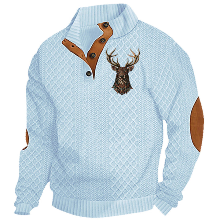 Men's Heritage Textured Pullover with Stand-up Collar Faux Leather Trim Elbow Patches and Half-button Placket