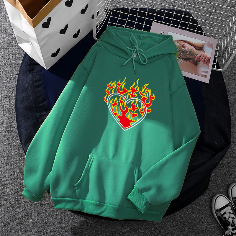 Women Light Oversized Hoodie with Heart EKG Motif, Long Cords and Elastic Cuff
