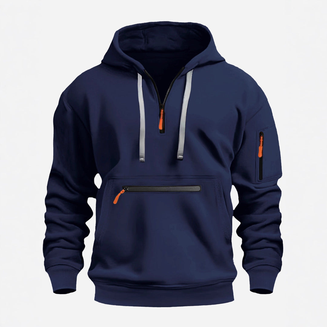 Men's Hoodie with Half Zip, Kangaroo Pocket and Hidden Zippers