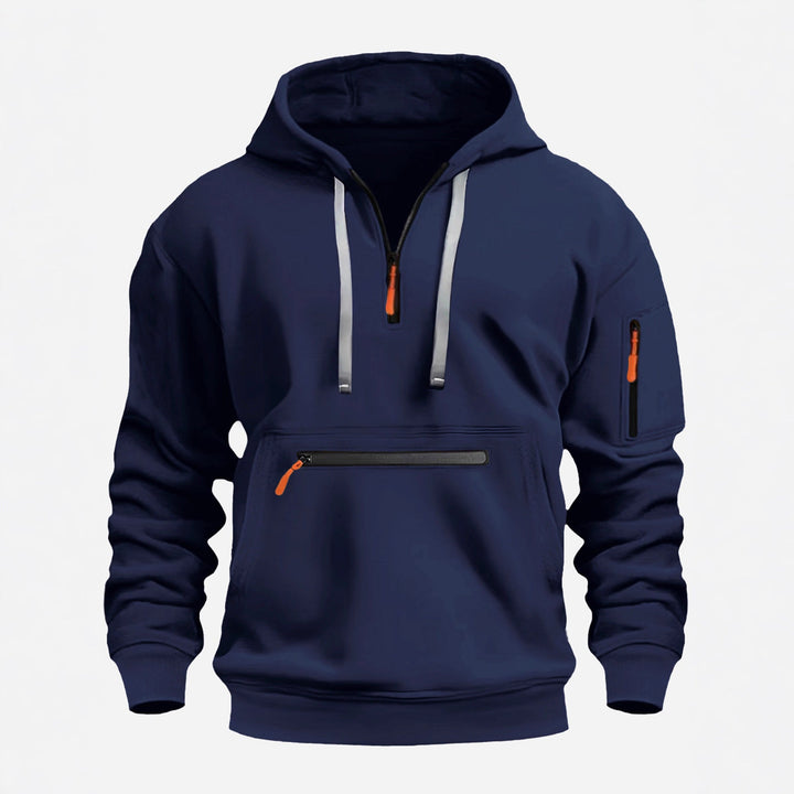Men's Hoodie with Half Zip, Kangaroo Pocket and Hidden Zippers