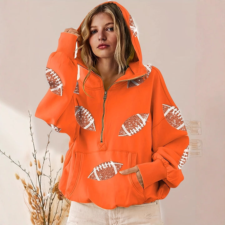 Women's Oversized Hoodie with Half Zipper and Sequin Football Application