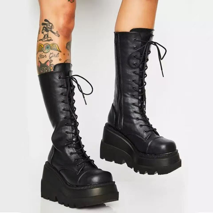 Women's High-Quality Lace-Up Boots with Platform Heel and Side Zipper