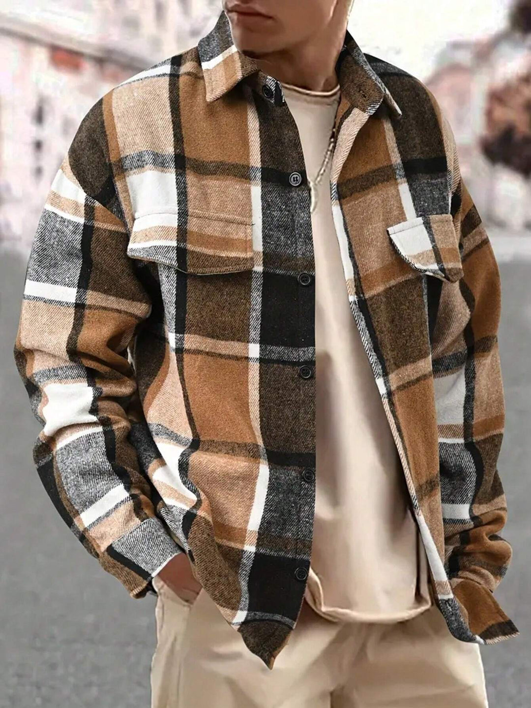 Men's Oversized Check Shirt Jacket made of Soft Flannel with Patch Chest Pockets