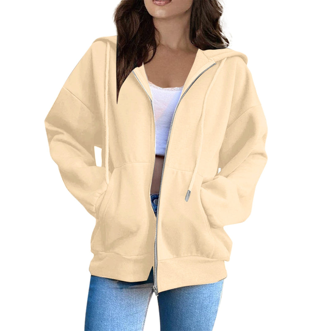 Women's Casual Hoodie Jacket with Continuous Zipper, Kangaroo Pockets, and Voluminous Raglan Sleeves