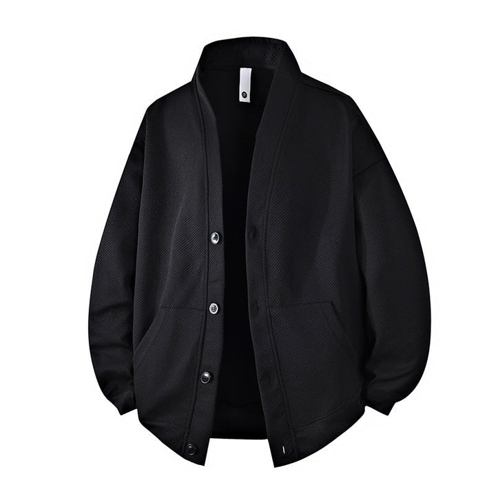 Men's Structured Knit Cardigan Jacket with Continuous Button Placket and Patch Pockets
