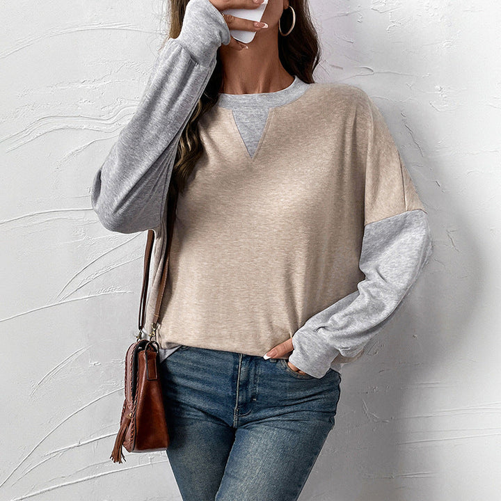 Women's Two-Tone Oversized Long Sleeve Sweater with Contrast Sleeves and V-Seam