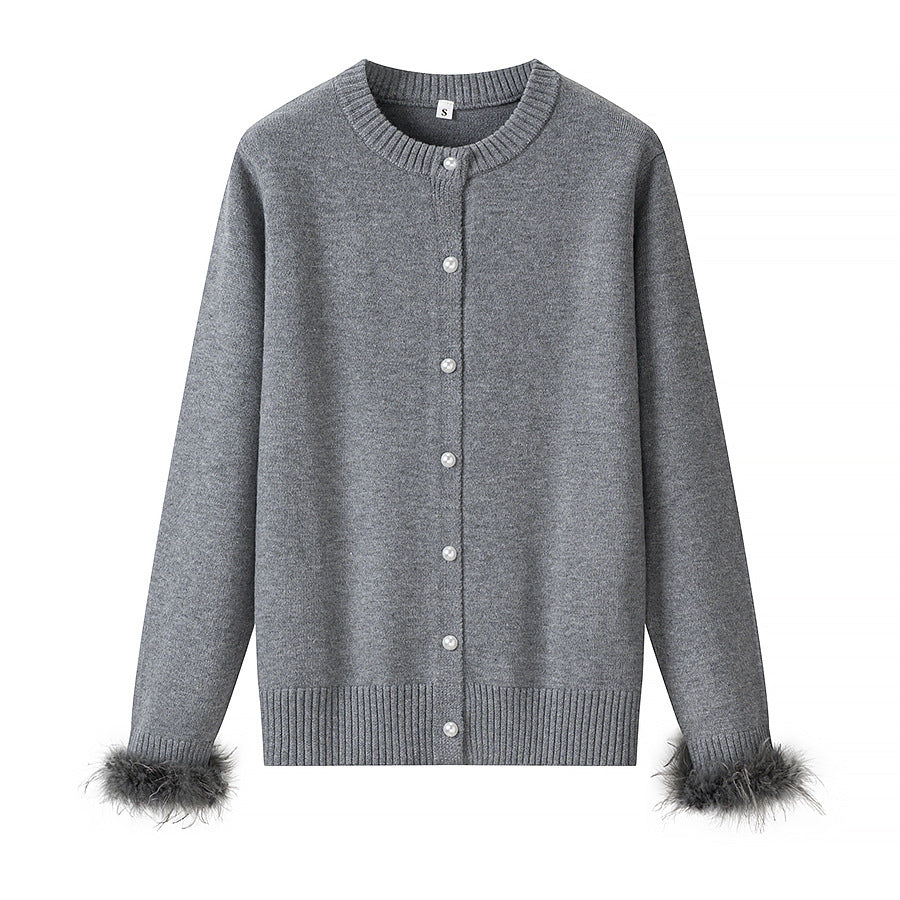 Women's Pearl Button Cardigan with Faux Feather Cuffs