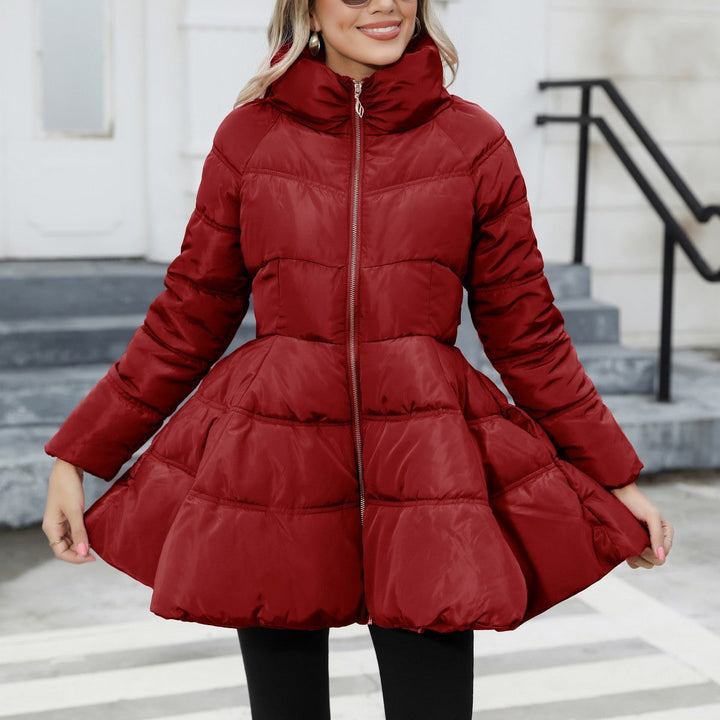 Women's Padded Quilted Coat with Flared Peplum and Stand-Up Collar
