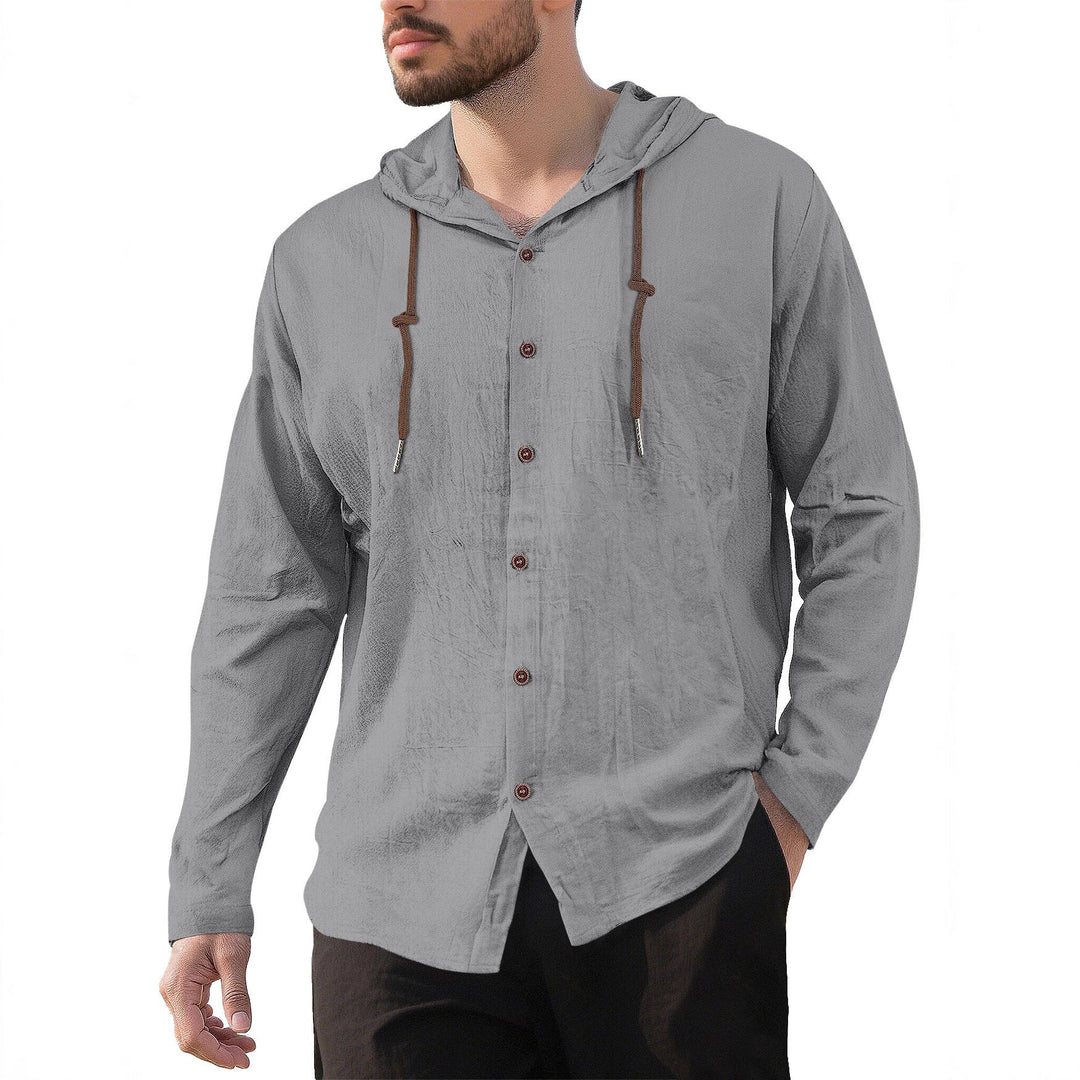 Men's Textured Linen Blend Hooded Shirt with Button Placket, Wood Buttons, and Side Slits