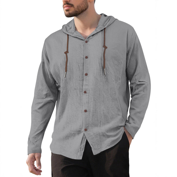 Men's Textured Linen Blend Hooded Shirt with Button Placket, Wood Buttons, and Side Slits