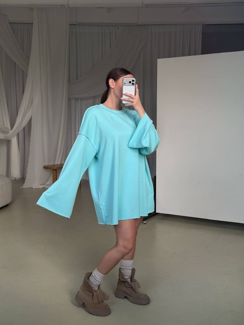 Women Oversized Sweater Dress with Wide Trumpet Sleeves