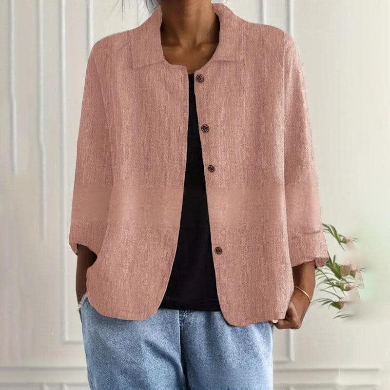 Women's Oversized Linen Shirt Jacket with Shirt Collar, 3/4 Sleeves and Continuous Button Placket