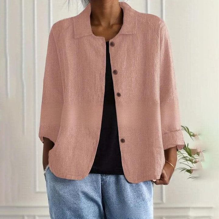 Women's Oversized Linen Shirt Jacket with Shirt Collar, 3/4 Sleeves and Continuous Button Placket