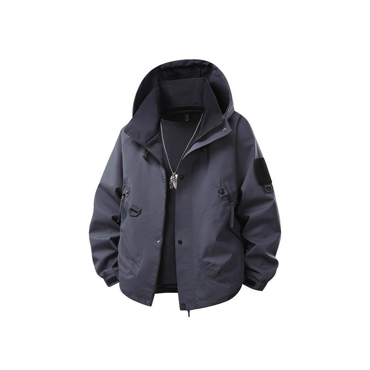 Men's Waterproof Outdoor Utility Rain Jacket with Hood, Multiple Pockets and Adjustable Hem