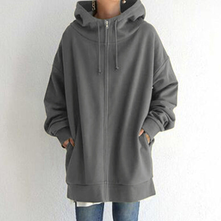 Women's Oversized Hooded Long Pullover with Zipper and Side Pockets