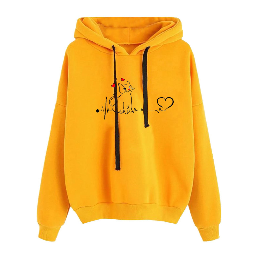 Women Light Oversized Hoodie with Heart EKG Motif, Long Cords and Elastic Cuff