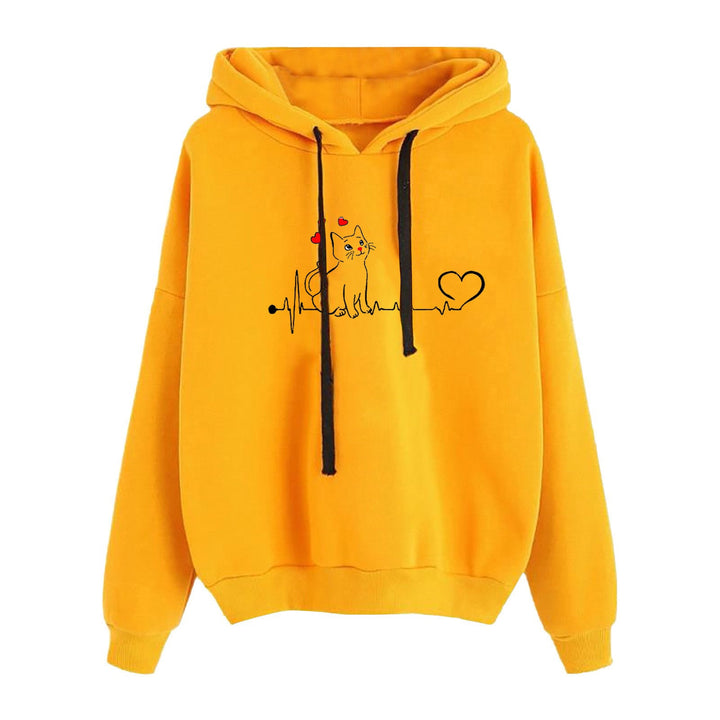 Women Light Oversized Hoodie with Heart EKG Motif, Long Cords and Elastic Cuff