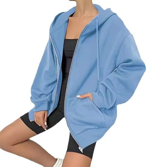 Women's Oversized Zip Hoodie with Contrasting Zipper, Double-layered Hood and Kangaroo Pocket