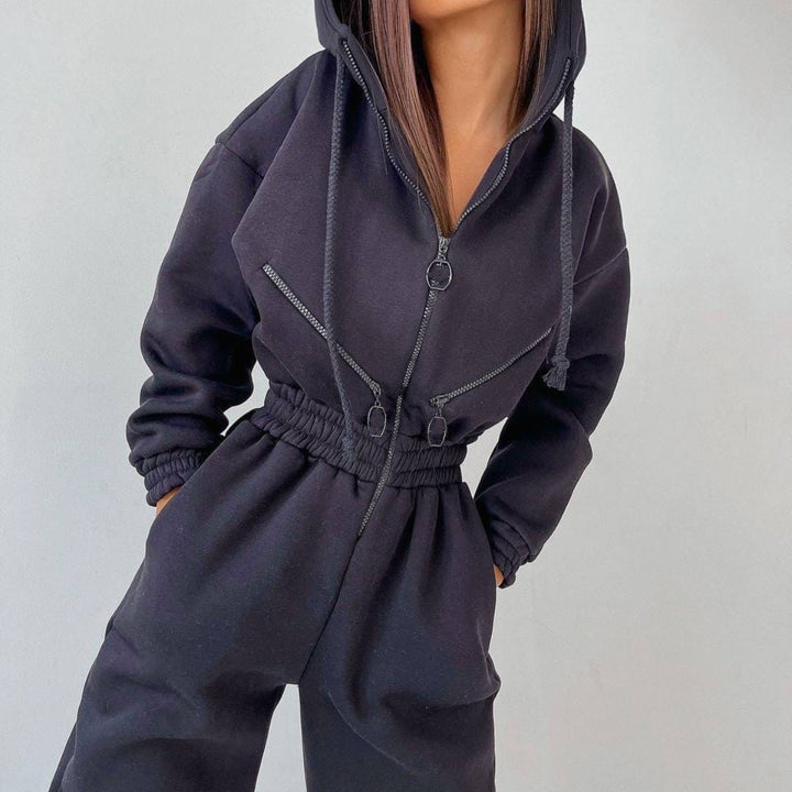Women's Tailored Hooded Sweat Jumpsuit with Zipper and Elastic Waistband
