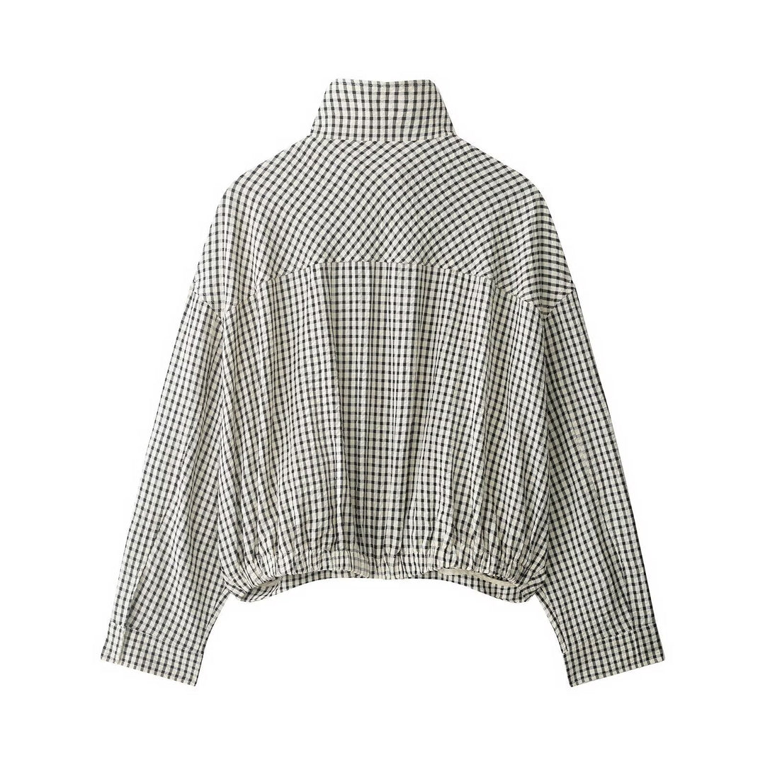 Women's Cropped Blouson Jacket in Boxy Cut with Stand Collar and Fine Check Pattern