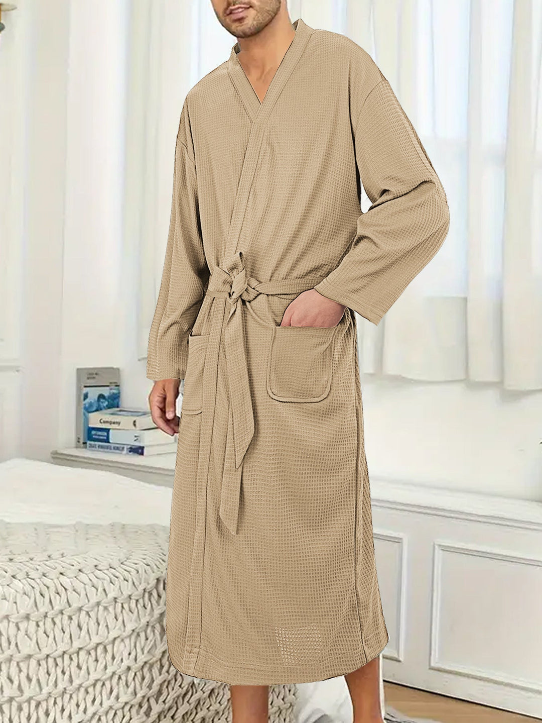 Men's Lightweight Cotton Kimono Bathrobe with Waffle Texture and Patch Pockets