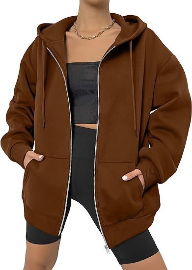 Women's Oversized Zip Hoodie with Contrasting Zipper, Double-layered Hood and Kangaroo Pocket