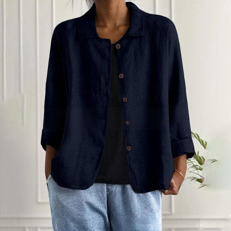 Women's Oversized Linen Shirt Jacket with Shirt Collar, 3/4 Sleeves and Continuous Button Placket