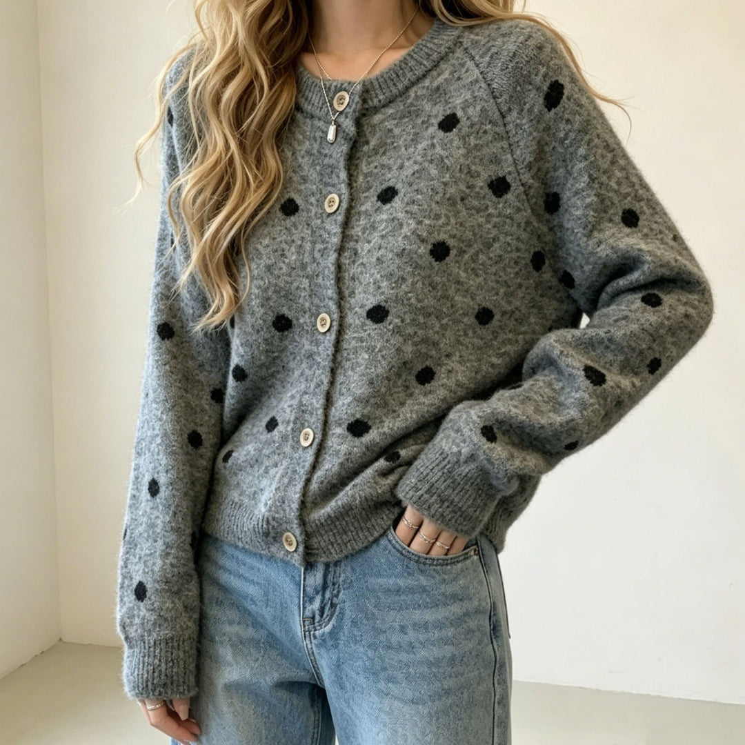 Women's Polka Dot Mohair-Style Button Cardigan with Round Neck