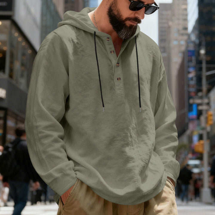 Men's Lightweight Hooded Shirt with Button Placket made of Linen Blend and Relaxed Fit