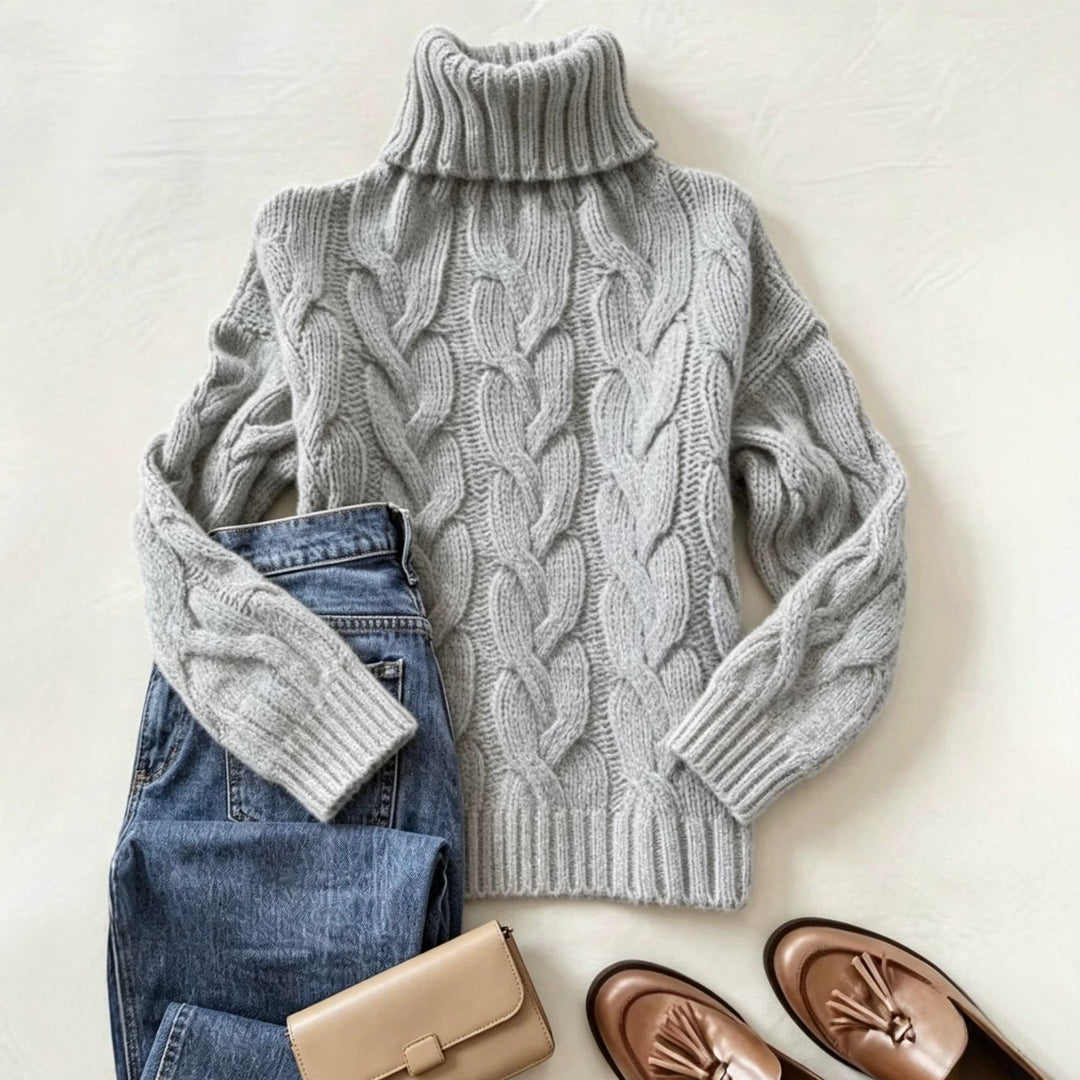 Women's Chunky Knit Turtleneck Sweater with Distinctive Cable Patterns and Ribbed Cuffs