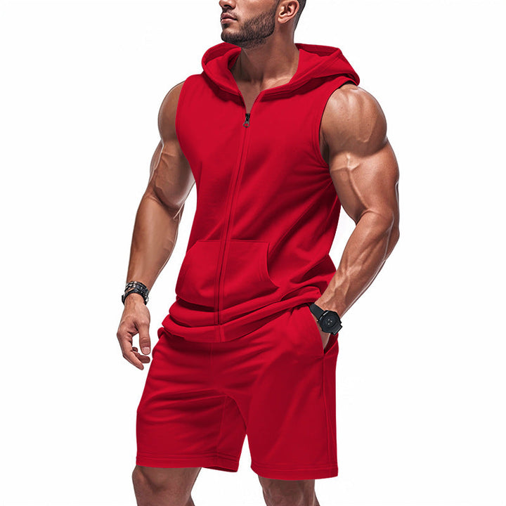 Men's Sporty Hoodie Set with Sleeveless Sweatshirt, Full Zip, and Training Shorts