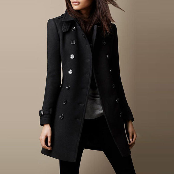 Women's Tailored Double-breasted Wool Coat with Belt Cuffs