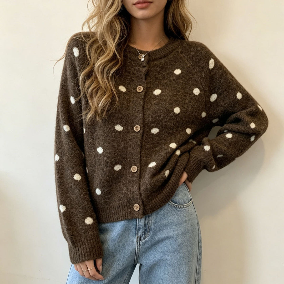 Women's Polka Dot Mohair-Style Button Cardigan with Round Neck