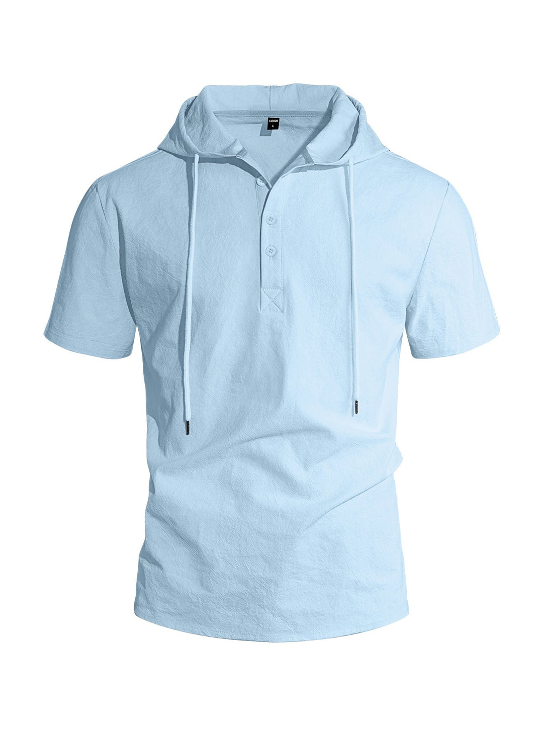 Men's Short-sleeved Hooded Henley made of Slub Cotton with Concealed Button Placket and Drawstring