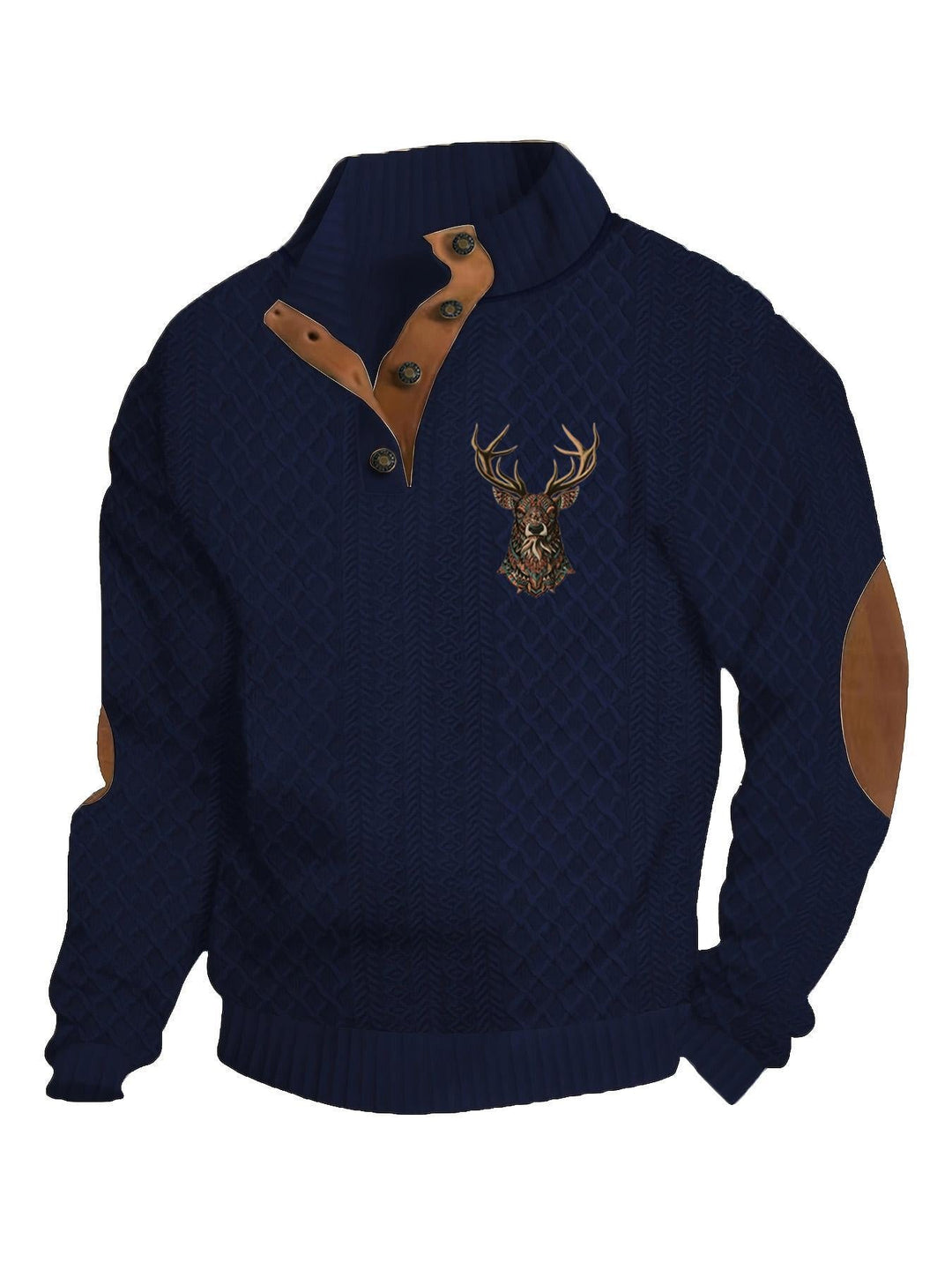 Men's Heritage Textured Pullover with Stand-up Collar Faux Leather Trim Elbow Patches and Half-button Placket
