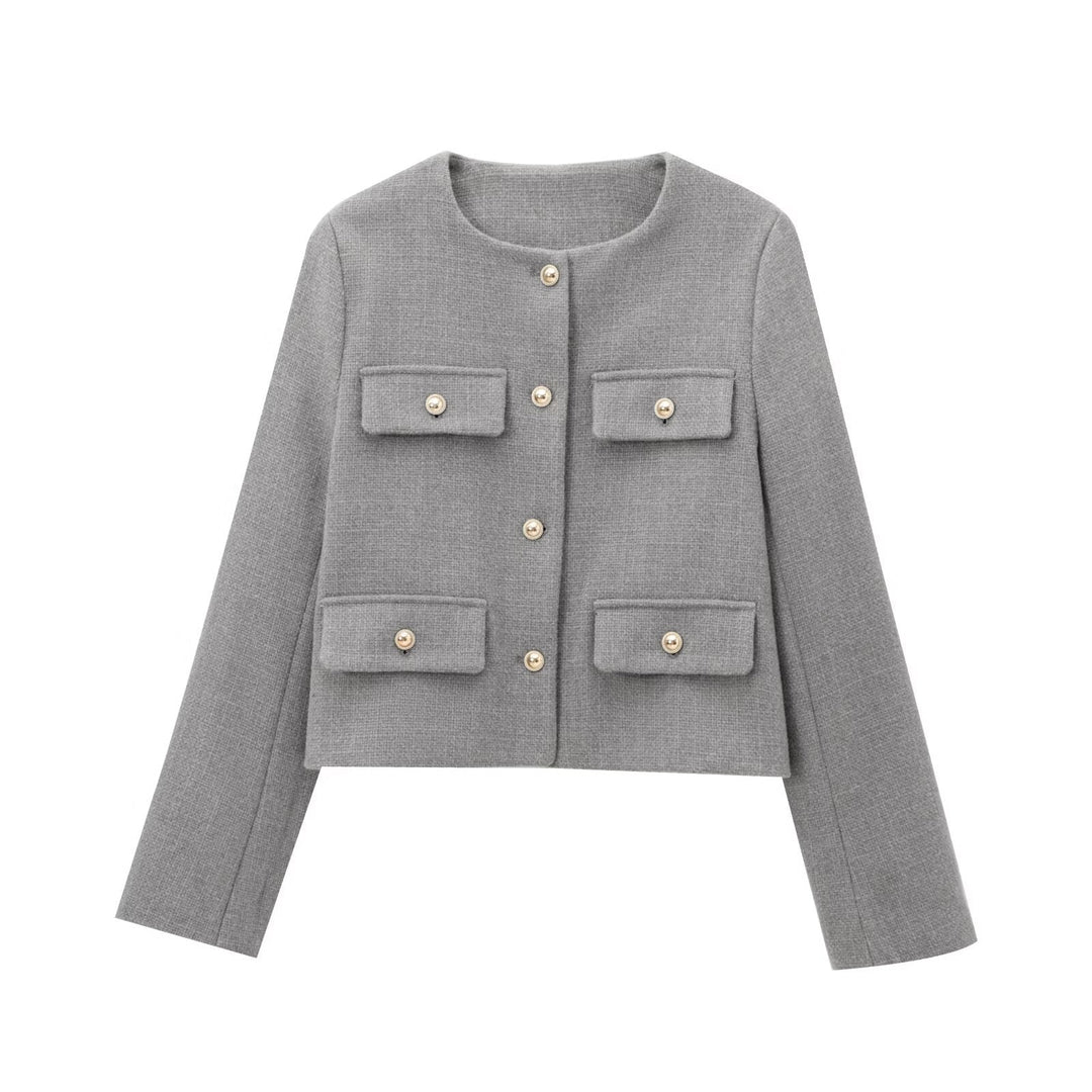 Women's Short-cut Bouclé Tweed Jacket with Round Neckline Decorative Button Details and Attached Flap Pockets