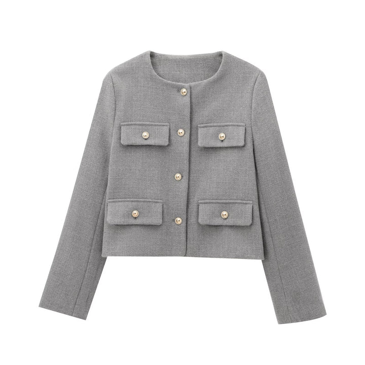Women's Short-cut Bouclé Tweed Jacket with Round Neckline Decorative Button Details and Attached Flap Pockets