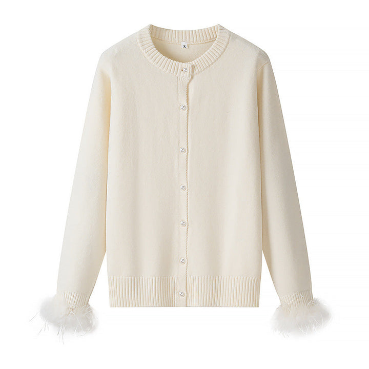 Women's Pearl Button Cardigan with Faux Feather Cuffs