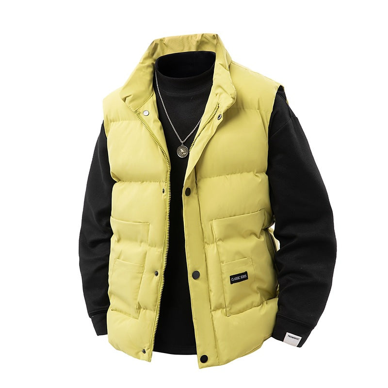 Men's Thermo Quilted Vest with High Collar Trim, Snap Button Front & Mounted Utility Pockets