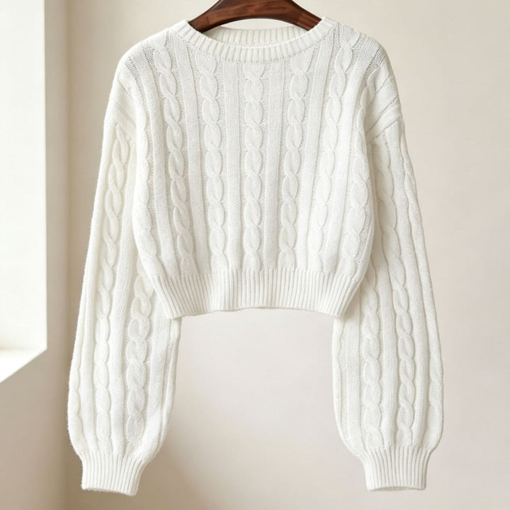 Women Cropped Cable Knit Sweater with Boxy Silhouette and Balloon Sleeves