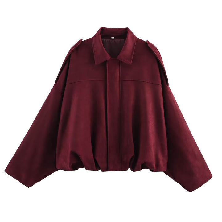 Women Oversized Suede Bomber Jacket with Shoulder Epaulettes