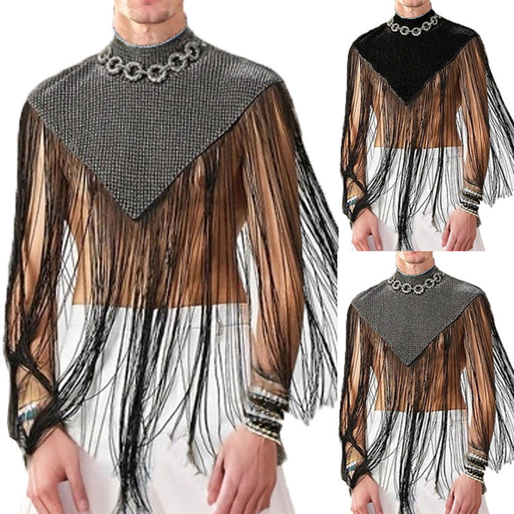 Women's Long Fringed Cape with Turtleneck and V-shaped Insert