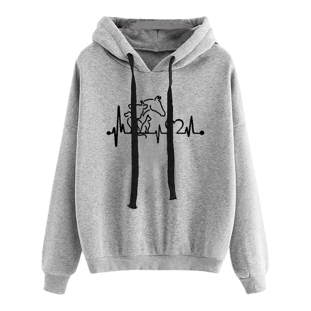 Women Light Oversized Hoodie with Heart EKG Motif, Long Cords and Elastic Cuff
