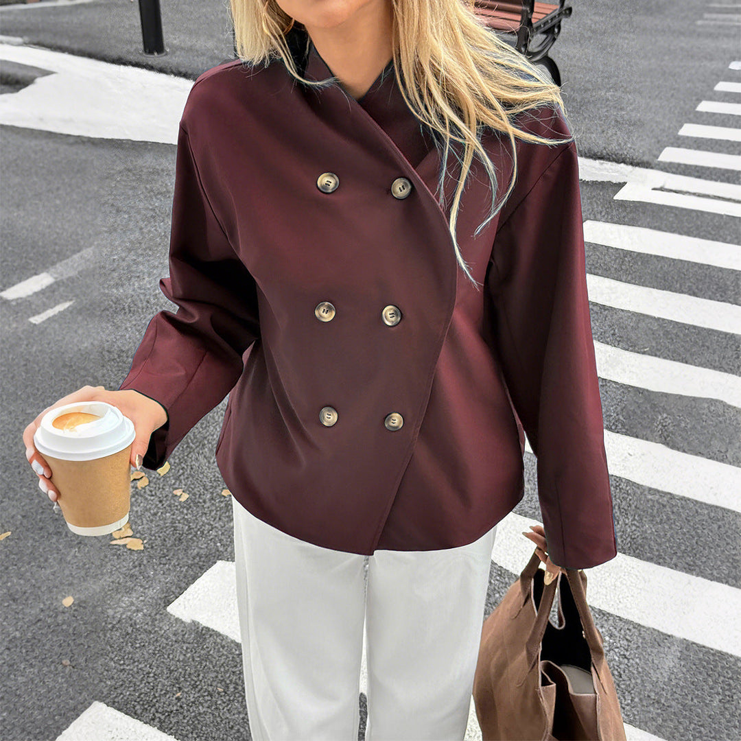 Women Short Oversized Double-breasted Transitional Jacket with Kimono-like Collar and Wide Sleeves