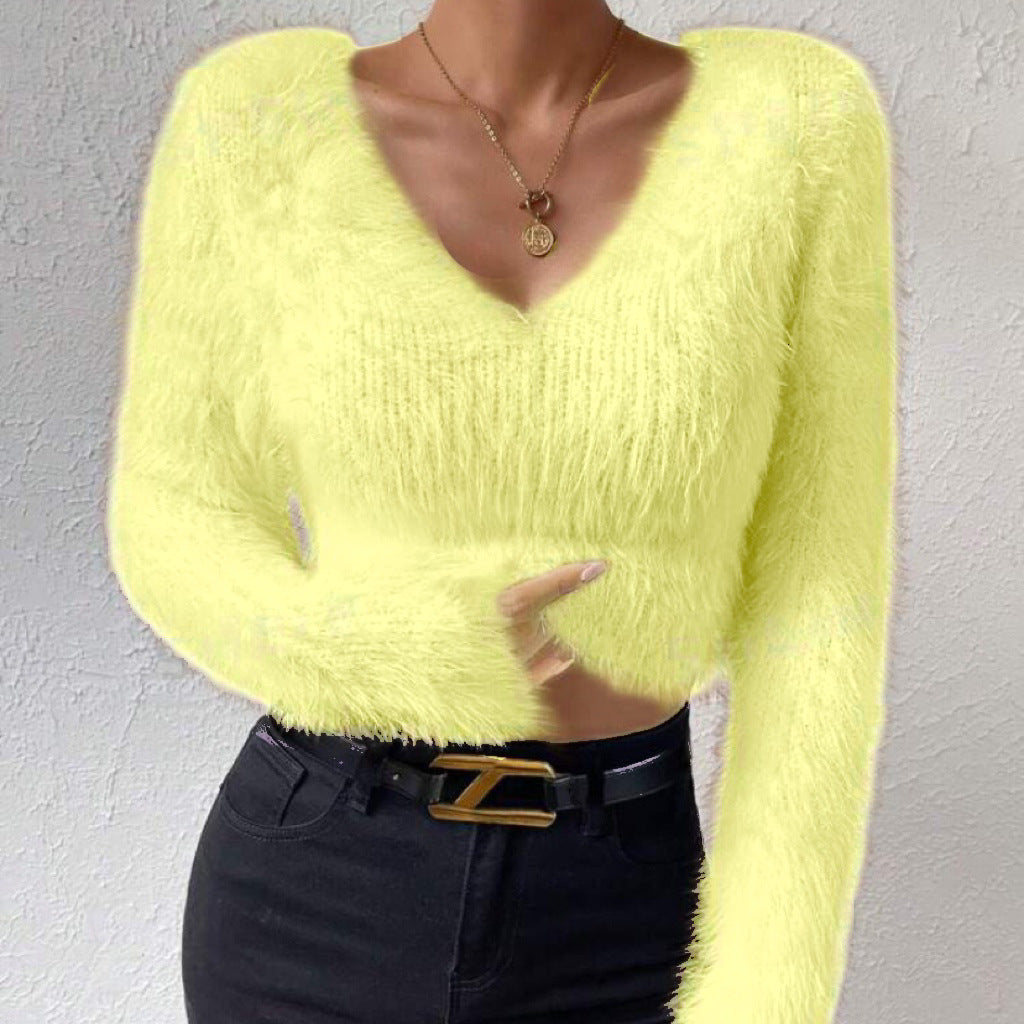 Women's Fluffy Crop Sweater with V-Neck and Eyelash Structure