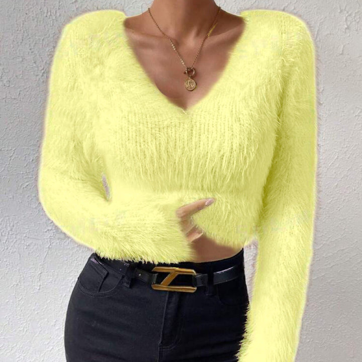Women's Fluffy Crop Sweater with V-Neck and Eyelash Structure