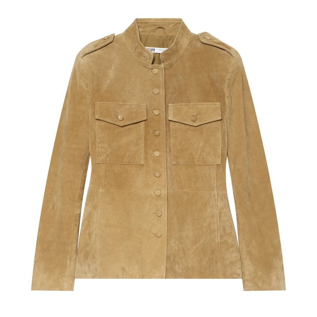 Women's Short Jacket made of Suede Leather with Stand-up Collar and Flap Pockets