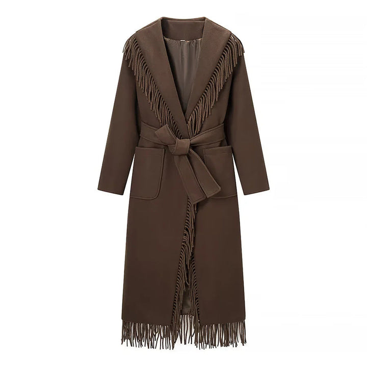 Women's Long Fringed Coat with Voluminous Shawl Collar, Waist Belt and Patch Pockets