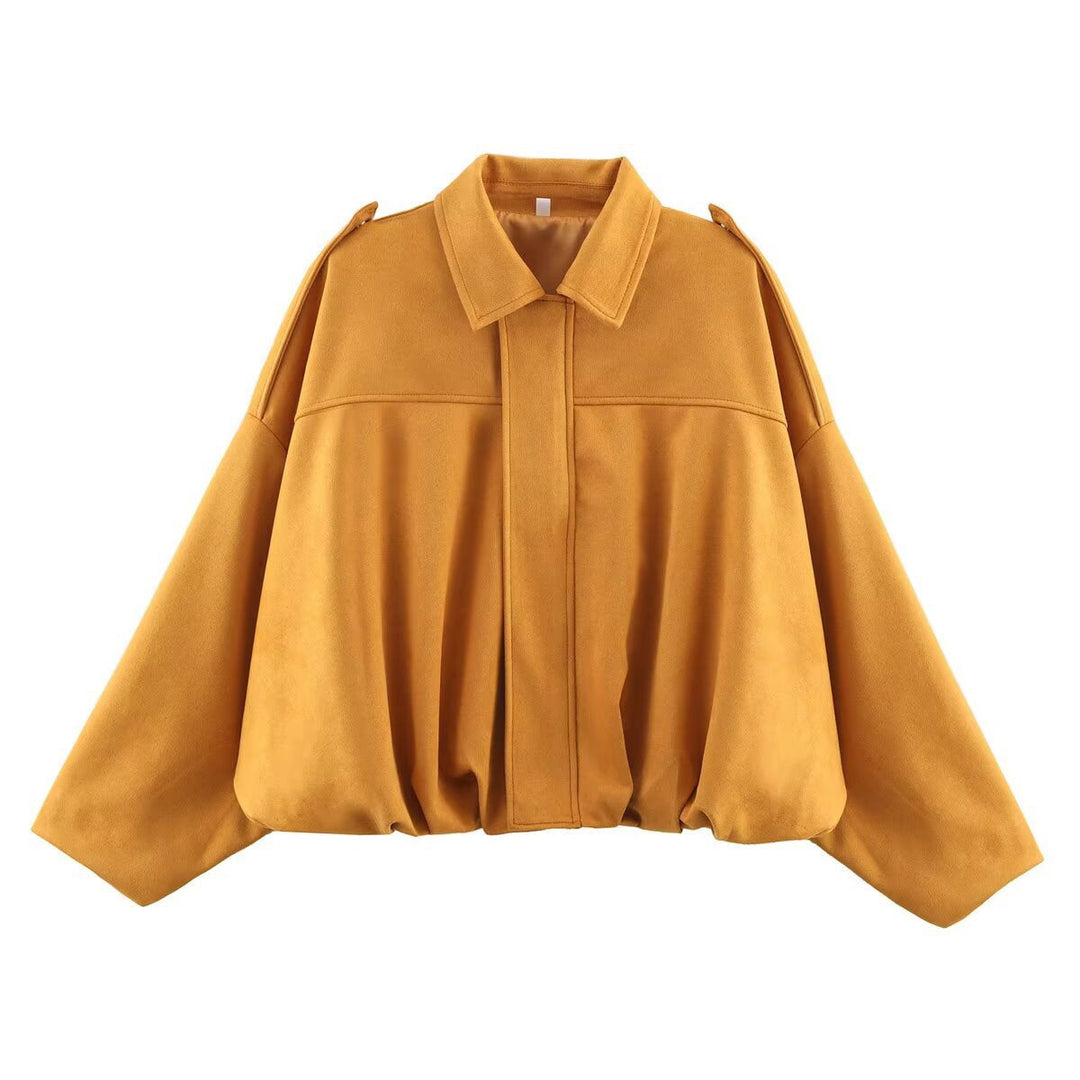 Women Oversized Suede Bomber Jacket with Shoulder Epaulettes